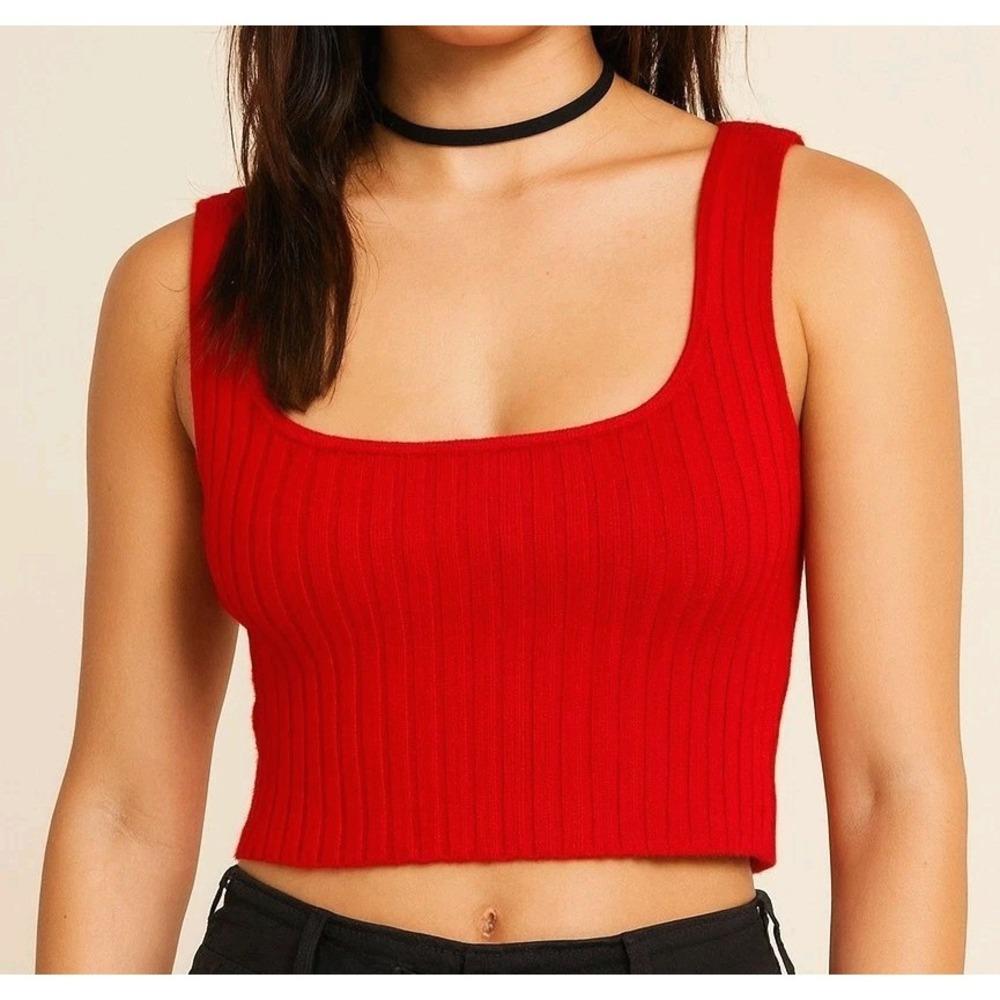 Forever 21 Medium Square Neck Red Rib-knit Stretch‎ Crop Top Tank Sleeveless